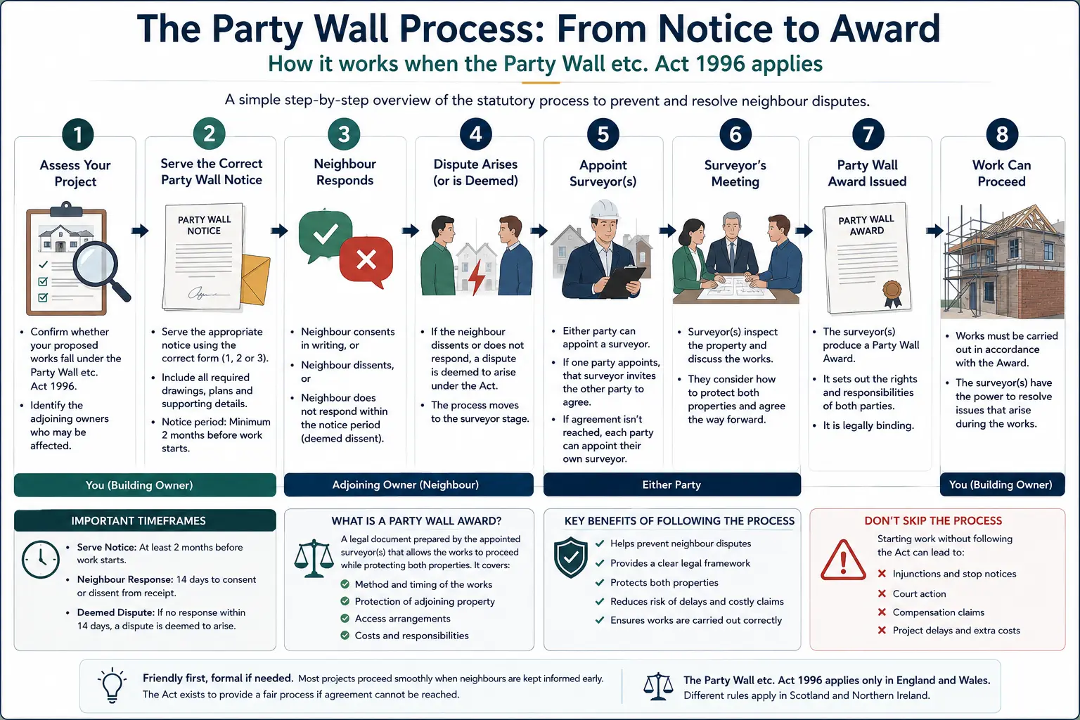 Do I Need a Party Wall Agreement? An infographic showing the party wall process from notice to award in a very interactive way for the citizens living in Kingswood & Fishponds, UK