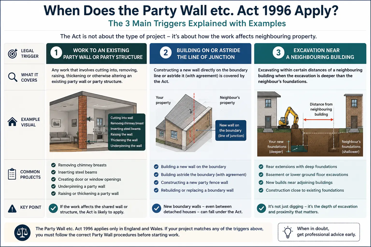 Do I Need a Party Wall Agreement? An infographic showing when does the party wall etc act 1996 apply like excavation, junction, painting, in Kingswood & Fishponds, UK
